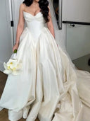 A-line Sweetheart Pleated Cathedral Train Satin Corset Wedding Dress
