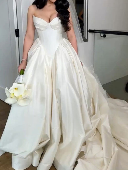 A-line Sweetheart Pleated Cathedral Train Satin Corset Wedding Dress