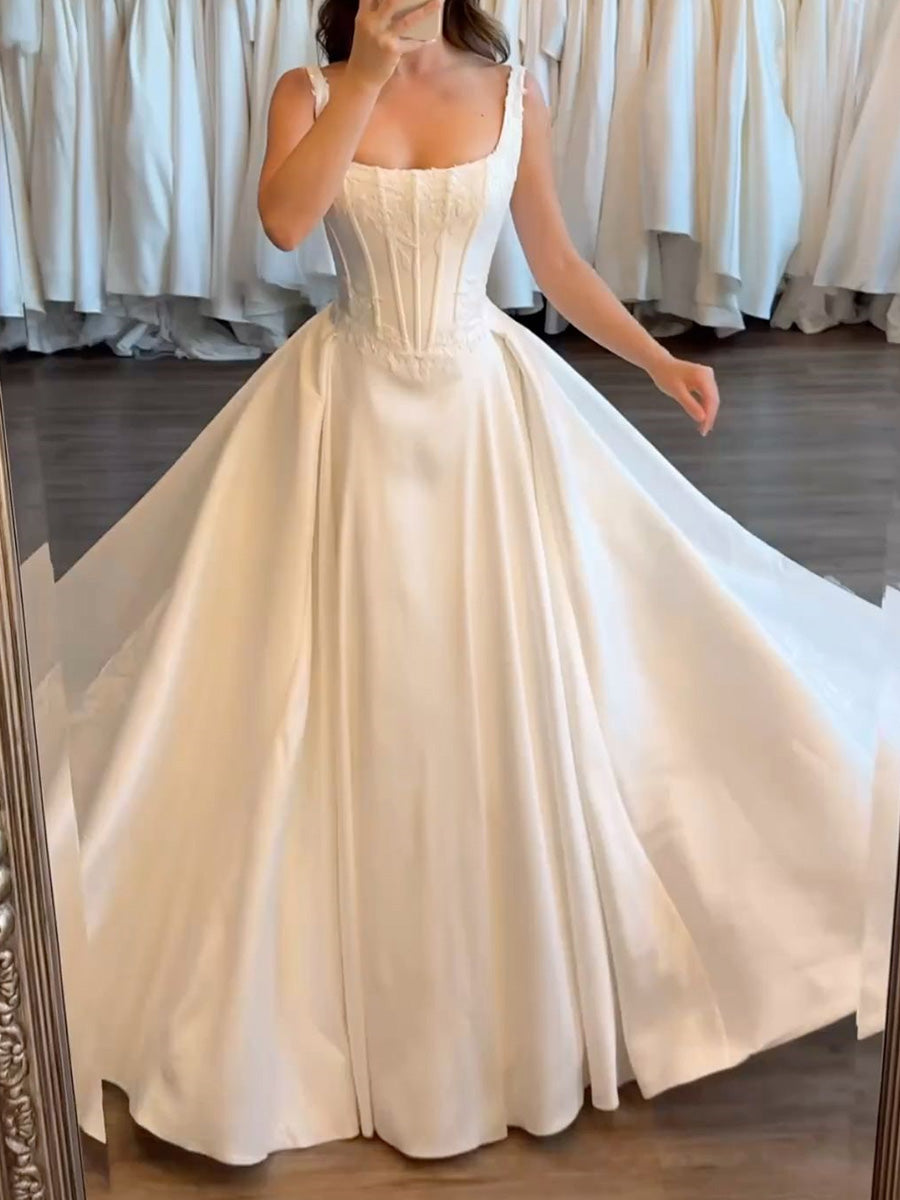 A-line Square Appliques Lace Floor-Length Satin Corset Wedding Dress
