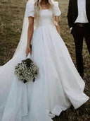 A-line Square Short Sleeves Chapel Train Satin Corset Wedding Dress