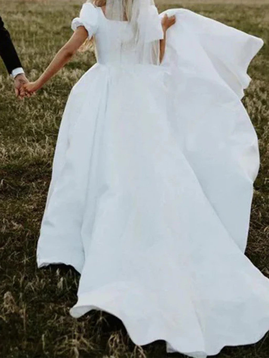A-line Square Short Sleeves Chapel Train Satin Corset Wedding Dress