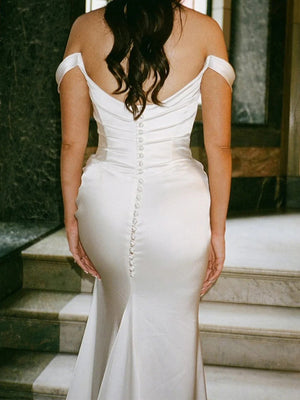 Sheath Off-the-Shoulder Pleated Sweep Train Silk Like Satin Corset Wedding Dress