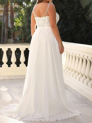 A-line Straps Appliques Lace Sweep Train Chiffon Corset Wedding Dress