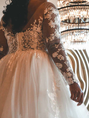 A-line Off-the-Shoulder Long Sleeves Appliques Lace Floor-Length Tulle Corset Wedding Dress