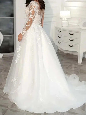 A-line Sweetheart Long Sleeves Appliques Lace Sweep Train Tulle Corset Wedding Dress