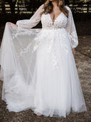 A-line V-neck Long Sleeves Appliques Lace Floor-Length Tulle Wedding Dress