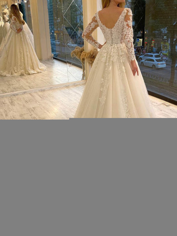 A-line V-neck Long Sleeves Appliques Lace Chapel Train Tulle Corset Wedding Dress