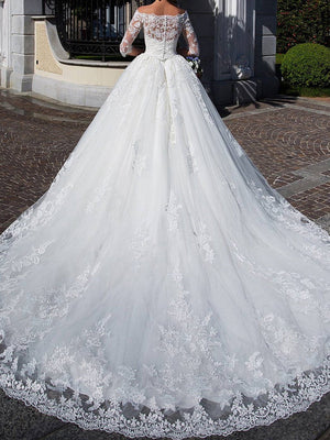 Ball-Gown Off-the-Shoulder 1/2 Sleeves Appliques Lace Chapel Train Tulle Corset Wedding Dress