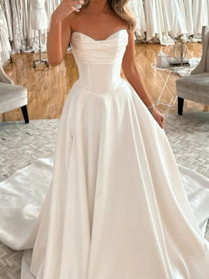 A-line Sweetheart Pleated Cathedral Train Satin Corset Wedding Dress