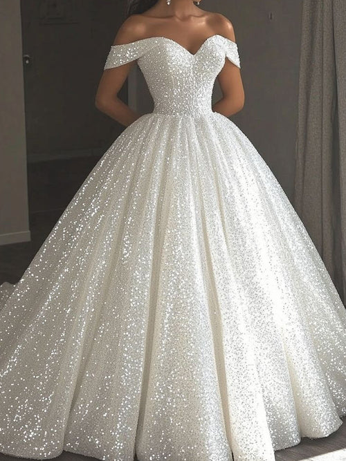 Ball-Gown Off-the-Shoulder Cathedral Train Corset Wedding Dress