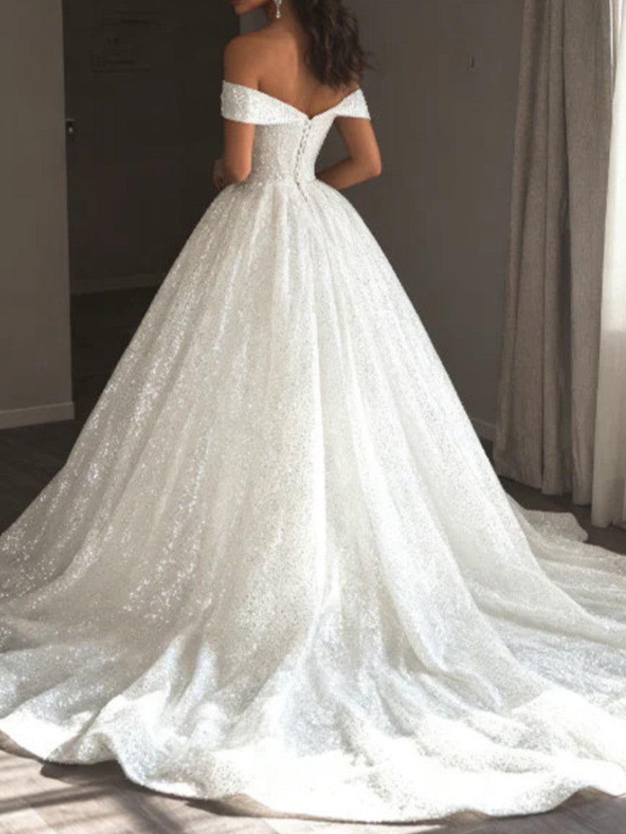 Ball-Gown Off-the-Shoulder Cathedral Train Corset Wedding Dress