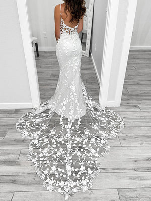 Sheath Spaghetti Straps Appliques Lace Cathedral Train Silk Like Satin Wedding Dress