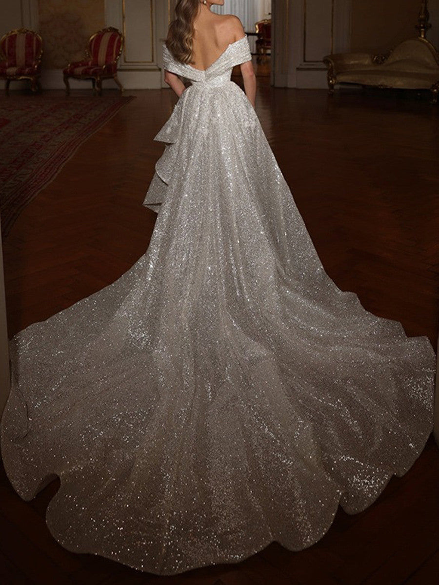 Sheath Off-the-Shoulder Sequin Cathedral Train Wedding Dress