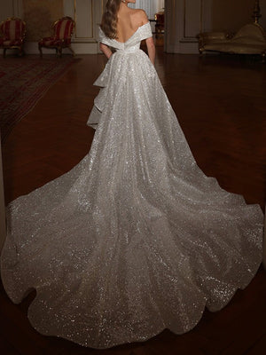 Sheath Off-the-Shoulder Sequin Cathedral Train Wedding Dress