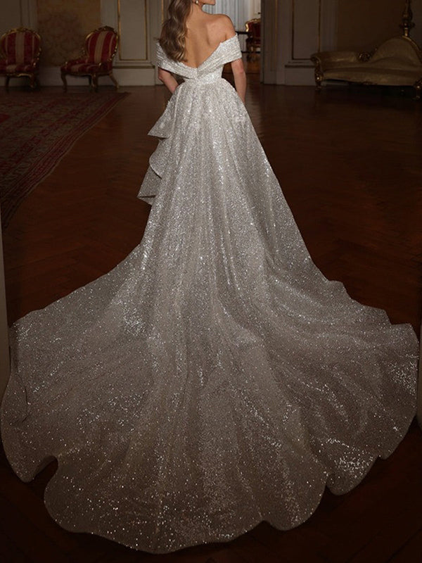 Sheath Off-the-Shoulder Sequin Cathedral Train Wedding Dress