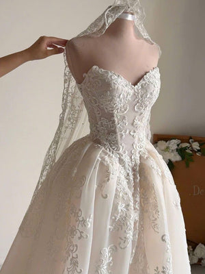 A-line Sweetheart Appliques Lace Chapel Train Tulle Corset Wedding Dress