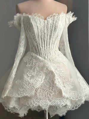 A-line Off-the-Shoulder Long Sleeves Appliques Lace Short/Mini Lace Corset Wedding Dress