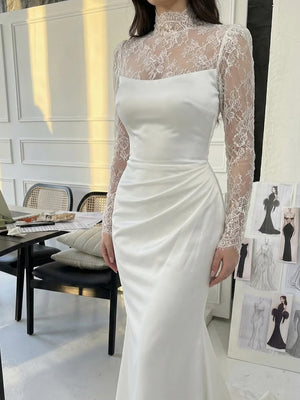 Sheath High Neck Long Sleeves Appliques Lace Court Train Silk Like Satin Corset Wedding Dress