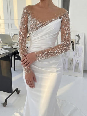 Sheath Illusion Long Sleeves Sequin Sweep Train Silk Like Satin Corset Wedding Dress