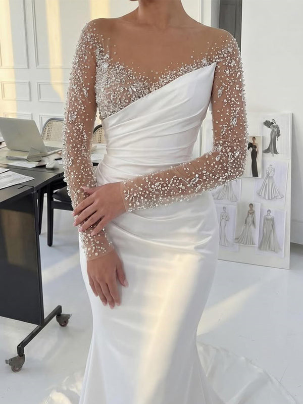 Sheath Illusion Long Sleeves Sequin Sweep Train Silk Like Satin Corset Wedding Dress