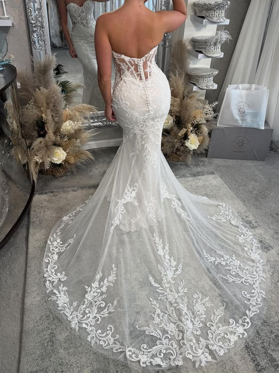 Mermaid Sweetheart Appliques Lace Cathedral Train Tulle Corset Wedding Dress