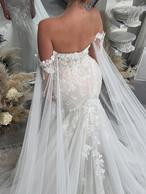 Mermaid Off-the-Shoulder Appliques Lace Chapel Train Tulle Corset Wedding Dress