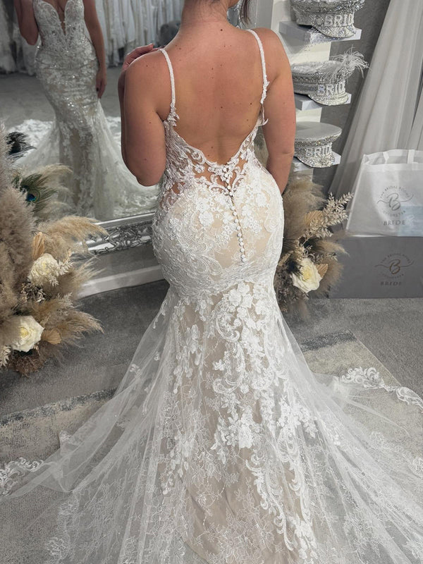 Mermaid Straps Appliques Lace Cathedral Train Tulle Wedding Dress
