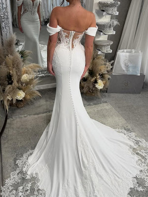 Mermaid Off-the-Shoulder Appliques Lace Cathedral Train Charmeuse Corset Wedding Dress