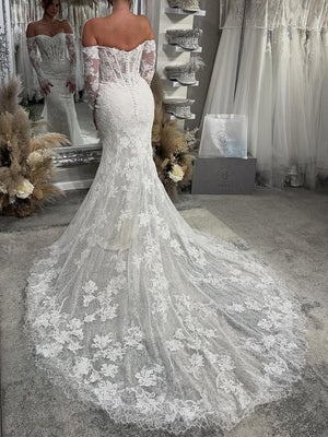 Mermaid Off-the-Shoulder Long Sleeves Appliques Lace Cathedral Train Tulle Corset Wedding Dress