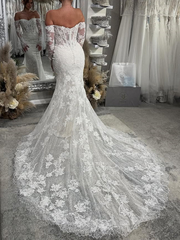Mermaid Off-the-Shoulder Long Sleeves Appliques Lace Cathedral Train Tulle Corset Wedding Dress