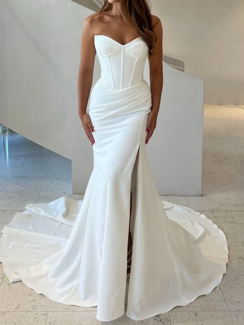 Sheath Sweetheart Pleated Cathedral Train Corset Wedding Dress