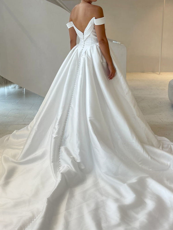 A-line Off-the-Shoulder Pleated Cathedral Train Satin Corset Wedding Dress