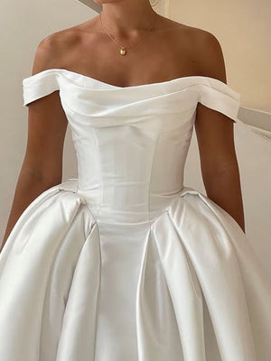 A-line Off-the-Shoulder Pleated Cathedral Train Satin Corset Wedding Dress