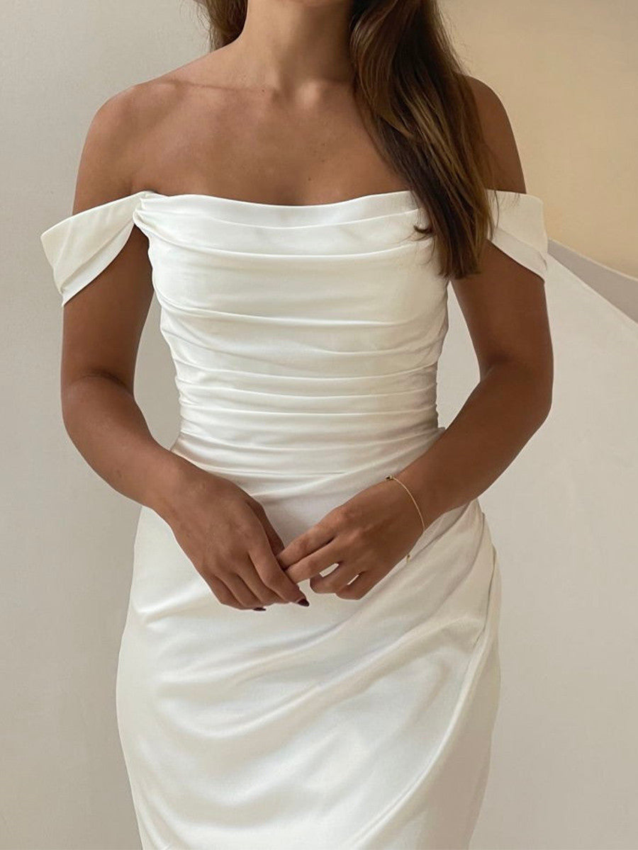Sheath Off-the-Shoulder Pleated Court Train Satin Chiffon Corset Wedding Dress
