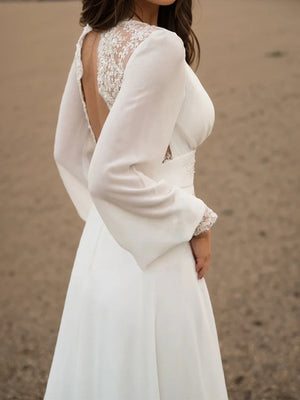 A-line V-neck Long Sleeves Appliques Lace Floor-Length Chiffon Wedding Dress